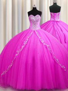 Dazzling Sweep Train Rose Pink Ball Gowns Tulle Sweetheart Sleeveless Beading Floor Length Lace Up Sweet 16 Dress