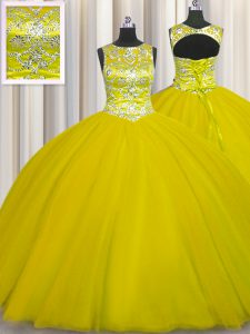 Inexpensive Ball Gowns 15 Quinceanera Dress Gold Scoop Tulle Sleeveless Floor Length Lace Up