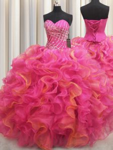 Fantastic Hot Pink Sweetheart Lace Up Beading and Ruffles Sweet 16 Quinceanera Dress Sleeveless