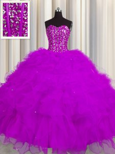 Classical Visible Boning Fuchsia Sleeveless Beading and Ruffles and Sequins Floor Length Quince Ball Gowns