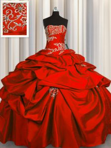 Taffeta Strapless Sleeveless Lace Up Appliques and Pick Ups Quinceanera Gown in Red