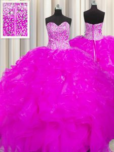 Visible Boning Beaded Bodice Organza Sweetheart Sleeveless Lace Up Beading and Ruffles Ball Gown Prom Dress in Fuchsia