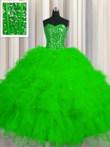Pretty Visible Boning Tulle Lace Up Sweetheart Sleeveless Floor Length Quince Ball Gowns Beading and Ruffles and Sequins