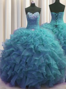 Great Beaded Bust Beading and Ruffles Quinceanera Gown Teal Lace Up Sleeveless Floor Length