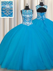 Best Scoop Sleeveless Lace Up Quinceanera Dress Teal Tulle
