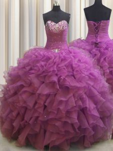 Beaded Bust Fuchsia Organza Lace Up Sweetheart Sleeveless Floor Length Quince Ball Gowns Beading and Ruffles