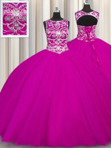 Free and Easy Scoop Fuchsia Ball Gowns Beading and Appliques Quince Ball Gowns Lace Up Tulle Sleeveless Floor Length