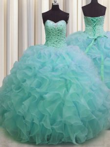 Cute Green Ball Gowns Organza Sweetheart Sleeveless Beading and Ruffles Floor Length Lace Up Quinceanera Gowns