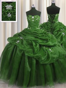 Attractive Green Organza Lace Up Sweetheart Sleeveless Floor Length Ball Gown Prom Dress Beading and Appliques and Pick Ups