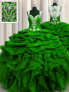 Simple See Through Back Green Ball Gowns Straps Sleeveless Organza Floor Length Zipper Beading and Ruffles and Sequins and Pick Ups Sweet 16 Quinceanera Dress