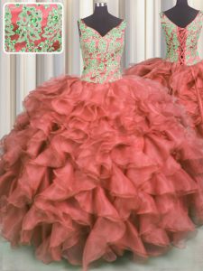 High End Ball Gowns Quinceanera Gowns Coral Red V-neck Organza Sleeveless High Low Lace Up