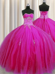 Really Puffy Fuchsia Sleeveless Tulle Lace Up Quince Ball Gowns for Military Ball and Sweet 16 and Quinceanera