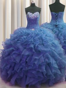 Great Beaded Bust Organza Sleeveless Floor Length 15 Quinceanera Dress and Beading and Ruffles