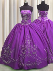 Extravagant Eggplant Purple Ball Gowns Taffeta Strapless Sleeveless Embroidery Floor Length Lace Up Sweet 16 Dress