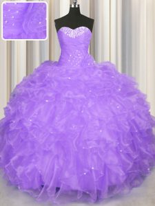 Beading and Ruffles Ball Gown Prom Dress Lavender Lace Up Sleeveless Floor Length