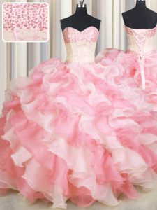 High Quality Visible Boning Two Tone Pink And White Sleeveless Floor Length Beading and Ruffles Lace Up Vestidos de Quinceanera