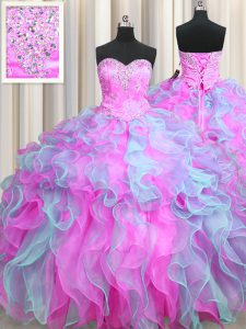 Elegant Multi-color Sweetheart Neckline Beading and Appliques and Ruffles Ball Gown Prom Dress Sleeveless Lace Up