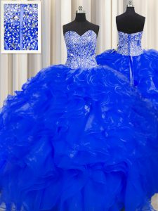 Elegant Visible Boning Beaded Bodice Royal Blue Sleeveless Beading and Ruffles Floor Length 15 Quinceanera Dress