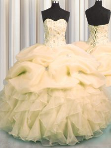 Flirting Visible Boning Peach Sleeveless Floor Length Beading and Ruffles and Pick Ups Lace Up Vestidos de Quinceanera