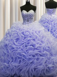 Rolling Flowers Lavender Sweet 16 Dress Military Ball and Sweet 16 and Quinceanera and For with Beading and Pick Ups Sweetheart Sleeveless Brush Train Lace Up