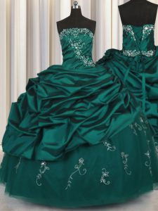 Custom Fit Peacock Green Strapless Lace Up Beading and Appliques and Embroidery and Pick Ups Quinceanera Gowns Sleeveless