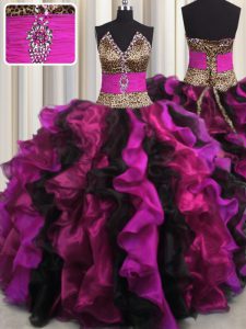 Leopard V Neck Multi-color Organza Lace Up Sweet 16 Dress Sleeveless Floor Length Beading and Ruffles