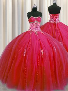 Big Puffy Floor Length Red Vestidos de Quinceanera Tulle Sleeveless Beading and Appliques