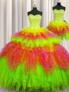 Amazing Three Piece Visible Boning Floor Length Lace Up Vestidos de Quinceanera Multi-color for Military Ball and Sweet 16 and Quinceanera with Beading