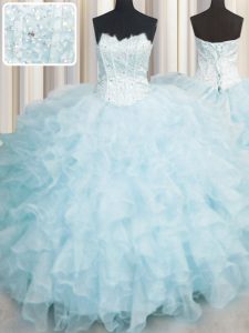 Scalloped Sleeveless 15th Birthday Dress Floor Length Ruffles Baby Blue Organza