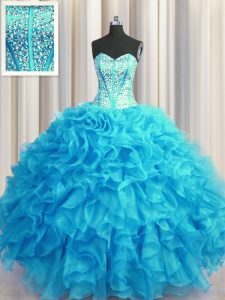 Pretty Visible Boning Bling-bling Baby Blue Ball Gowns Sweetheart Sleeveless Organza Floor Length Lace Up Beading and Ruffles 15th Birthday Dress
