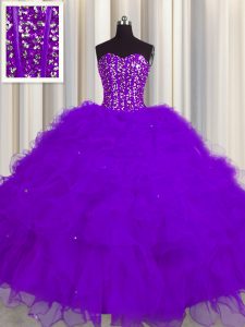 Glittering Visible Boning Purple Ball Gowns Beading and Ruffles and Sequins Ball Gown Prom Dress Lace Up Tulle Sleeveless Floor Length