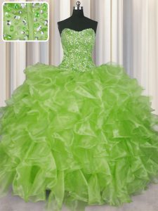 Visible Boning Sleeveless Lace Up Floor Length Beading and Ruffles Ball Gown Prom Dress