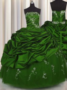 Embroidery Green Ball Gowns Beading and Appliques and Pick Ups 15th Birthday Dress Lace Up Taffeta Sleeveless Floor Length