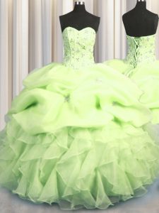 Superior Visible Boning Yellow Green Ball Gowns Beading and Ruffles and Pick Ups Quinceanera Dress Lace Up Organza Sleeveless Floor Length