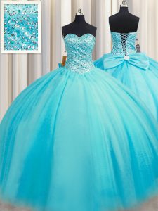 Chic Puffy Skirt Baby Blue Lace Up Quince Ball Gowns Beading Sleeveless Floor Length