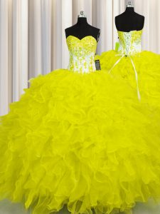 Yellow Lace Up Sweetheart Appliques and Ruffles 15 Quinceanera Dress Organza Sleeveless