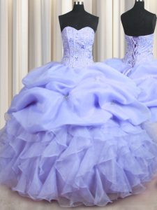 Visible Boning Floor Length Lace Up Sweet 16 Dress Lavender for Military Ball and Sweet 16 and Quinceanera with Beading and Ruffles