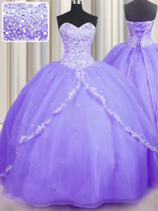 Enchanting Sweetheart Sleeveless 15th Birthday Dress With Brush Train Beading and Appliques Lavender Organza