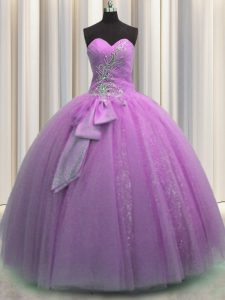 Fine Lilac Tulle Lace Up Quinceanera Dresses Sleeveless Floor Length Beading and Sequins and Bowknot