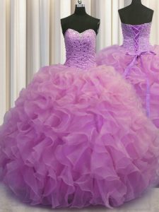 Traditional Lilac Sleeveless Floor Length Beading and Ruffles Lace Up Quinceanera Gown