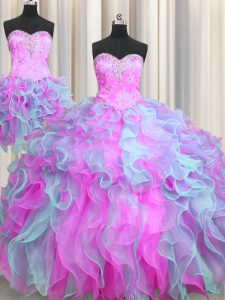 Stylish Three Piece Sleeveless Beading and Ruffles Lace Up Quinceanera Gown with Multi-color