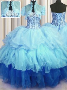 Visible Boning Bling-bling Organza Sweetheart Sleeveless Lace Up Beading and Ruffled Layers Quince Ball Gowns in Multi-color
