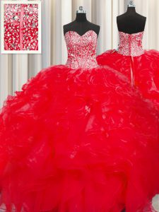 Adorable Visible Boning Beaded Bodice Sleeveless Lace Up Floor Length Beading and Ruffles 15 Quinceanera Dress