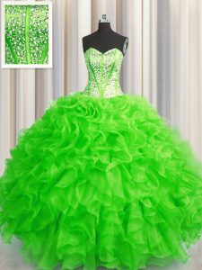 High Quality Visible Boning Beaded Bodice Sweetheart Sleeveless Quince Ball Gowns Floor Length Beading and Ruffles Organza