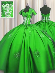 Classical Floor Length Sweet 16 Dresses Taffeta Short Sleeves Beading and Appliques and Ruching