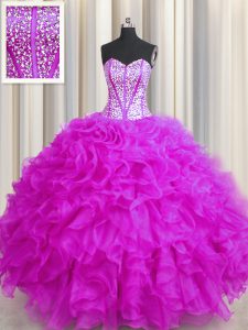 Visible Boning Beaded Bodice Sleeveless Lace Up Floor Length Beading and Ruffles Sweet 16 Dresses