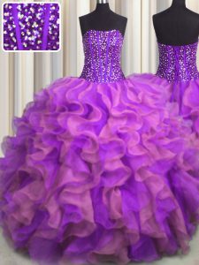 Amazing Visible Boning Beaded Bodice Strapless Sleeveless 15 Quinceanera Dress Floor Length Beading and Ruffles Multi-color Organza