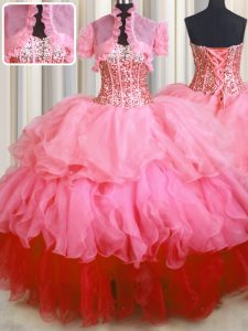 Visible Boning Bling-bling Rose Pink Ball Gowns Beading and Ruffled Layers Quinceanera Gowns Lace Up Organza Sleeveless Floor Length