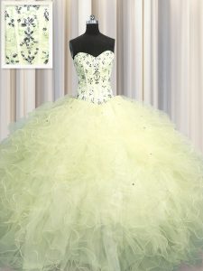 Visible Boning Light Yellow Lace Up Sweetheart Beading and Appliques and Ruffles 15 Quinceanera Dress Tulle Sleeveless