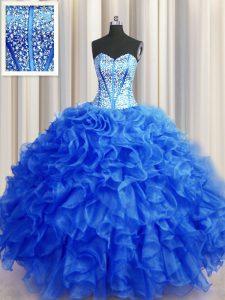 Fine Visible Boning Beaded Bodice Royal Blue Sweetheart Lace Up Beading and Ruffles Sweet 16 Dresses Sleeveless